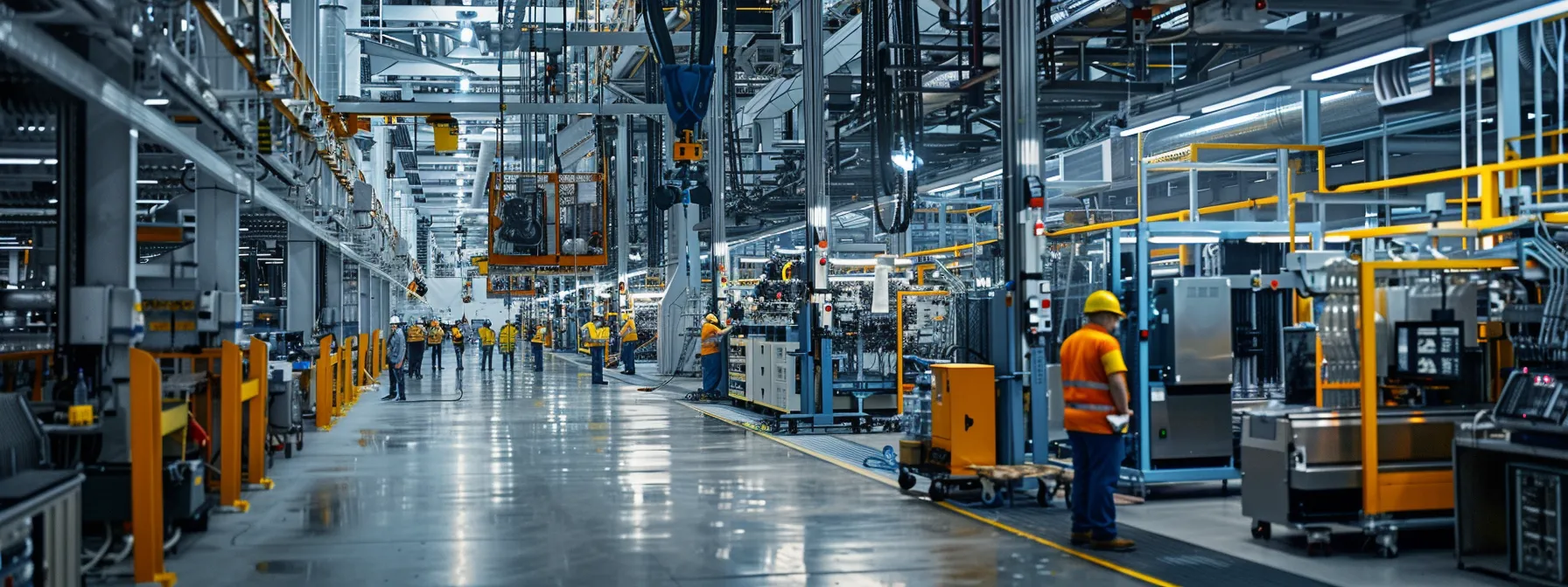 a busy manufacturing plant with workers overseeing the installation of modern equipment for increased efficiency and productivity.