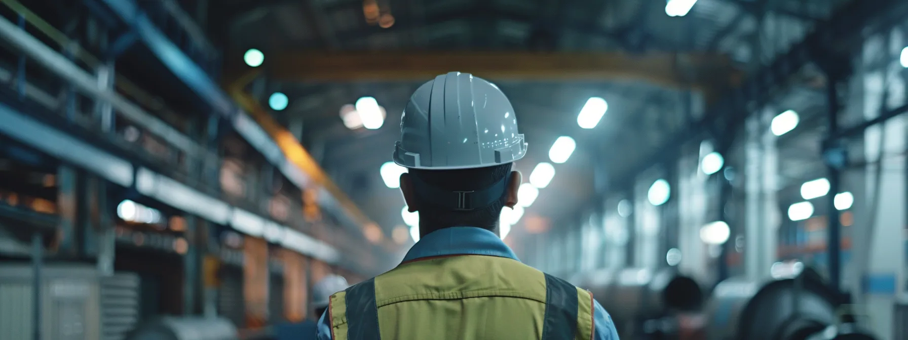 an industrial maintenance contractor examining energy-efficient equipment upgrades in a factory setting.