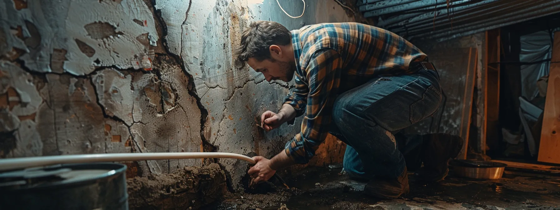a homeowner carefully examining a large crack in their basement wall while weighing the decision between hiring professionals or attempting a diy waterproofing project.