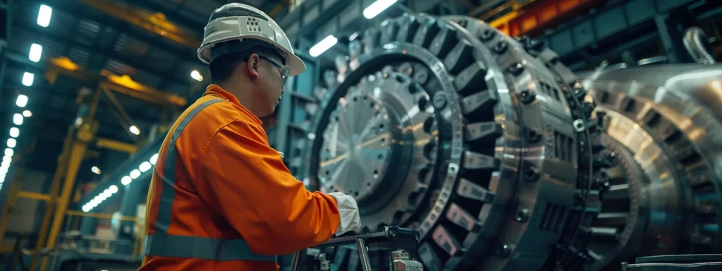 a technician inspecting a large, industrial machine with a toolbox nearby.