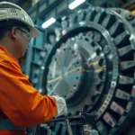 a technician inspecting a large, industrial machine with a toolbox nearby.