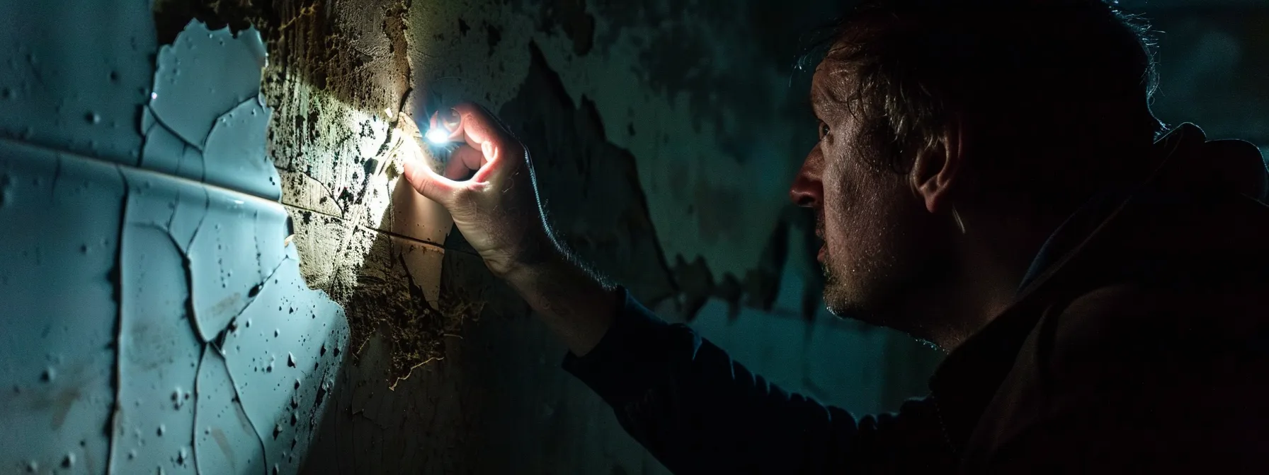 a person examining a crack in the basement wall with a flashlight.