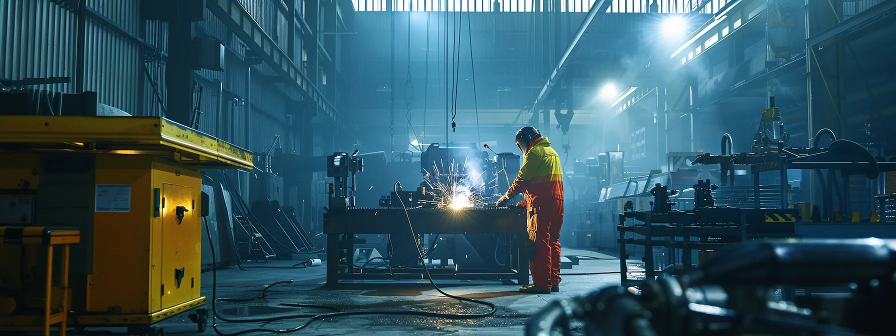 workers wearing safety gear inspecting welding equipment in a manufacturing plant.