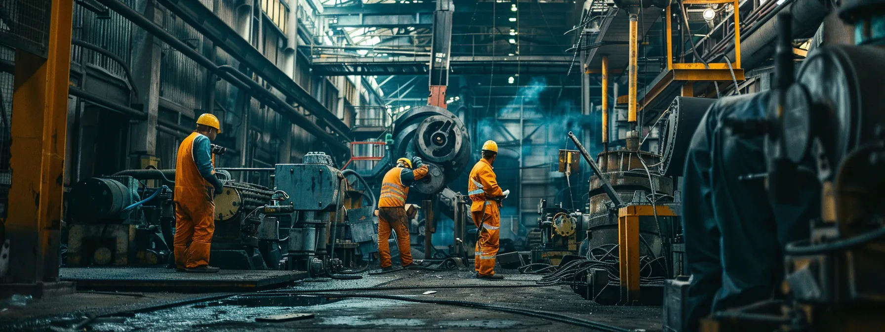 a team of industrial maintenance contractors working quickly to repair a broken machine in a busy factory.