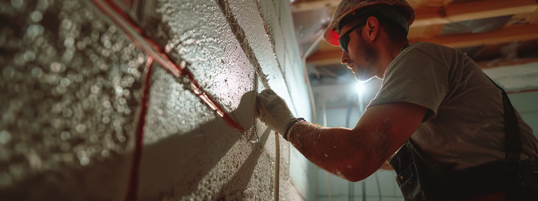 a worker applying a high-quality sealant on the foundation walls of a house.