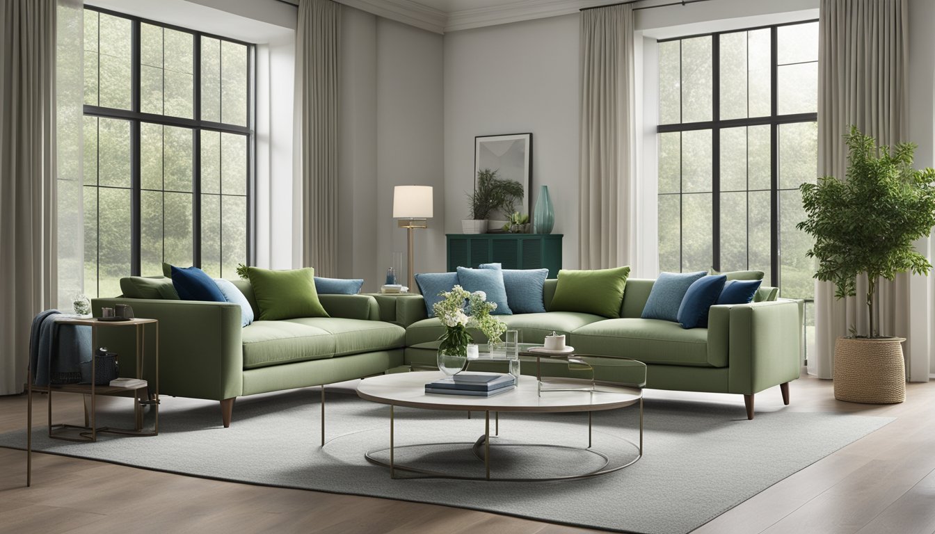 A modern living room with a large window, sleek furniture, and minimalist decor. The color scheme is neutral with pops of green and blue accents