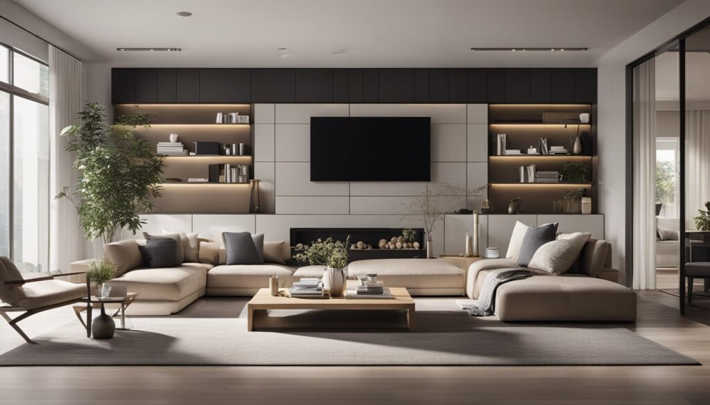 Spacious modern living room with minimalist furniture and large windows