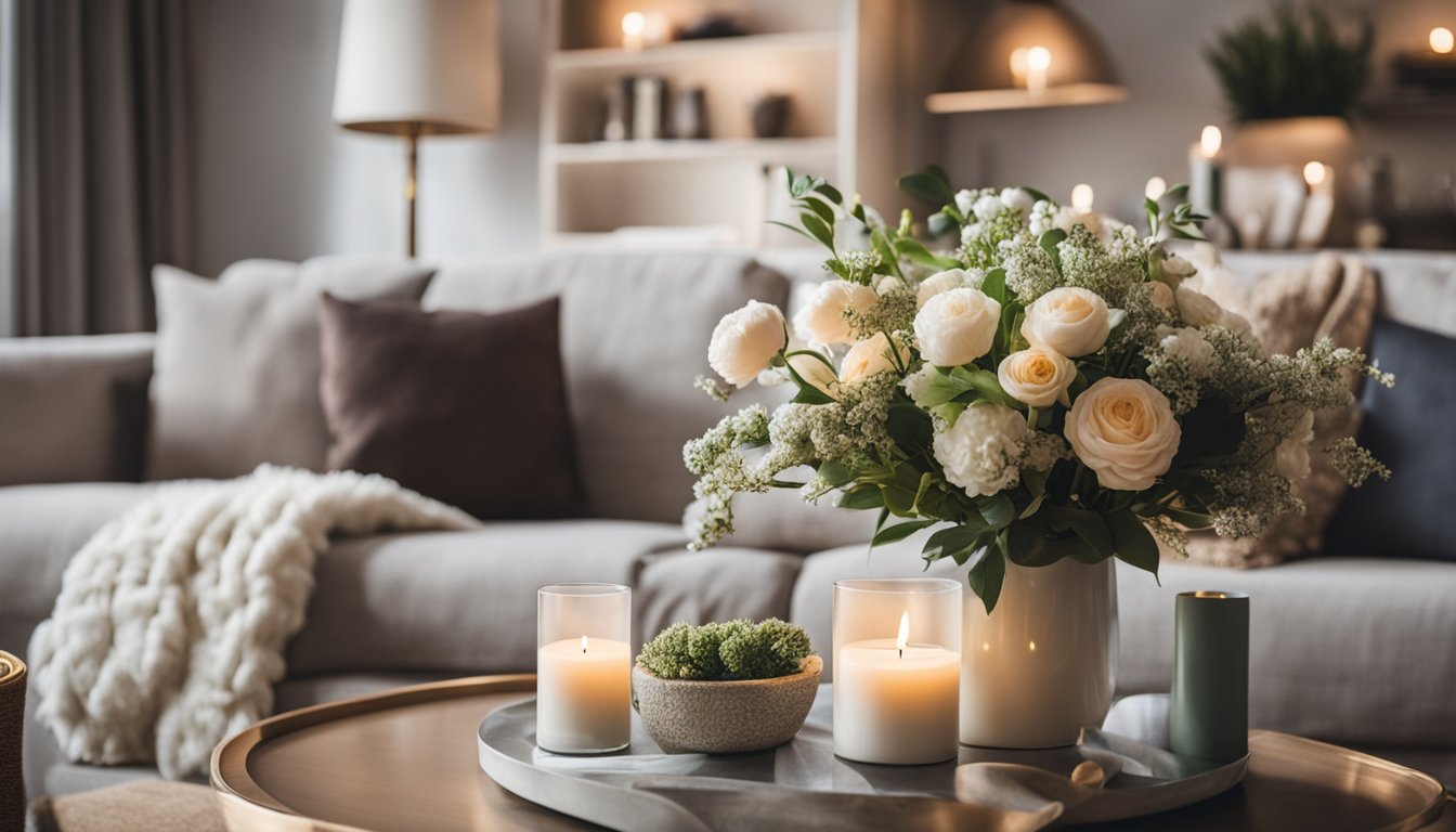 A cozy living room with a plush sofa, decorative throw pillows, and a coffee table adorned with vases of fresh flowers and scented candles