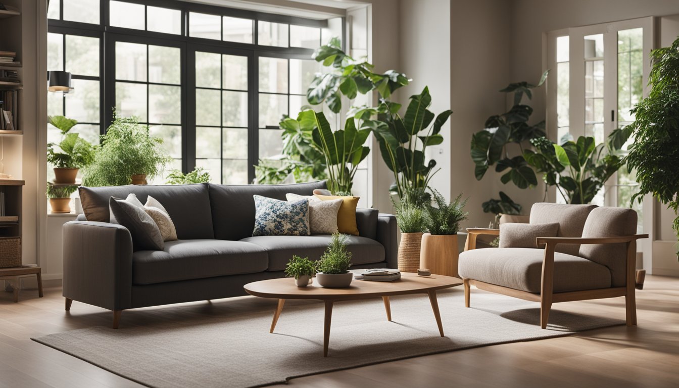 A cozy living room with a modern sofa, coffee table, and bookshelf. A large window lets in natural light, and potted plants add a touch of greenery