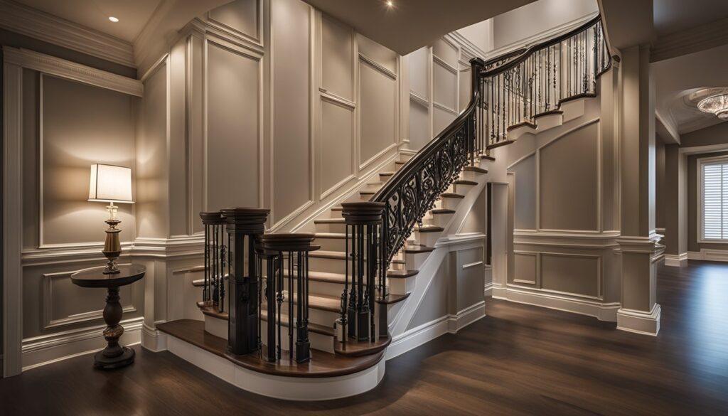 Wooden custom staircase showcasing detailed trim carpentry work