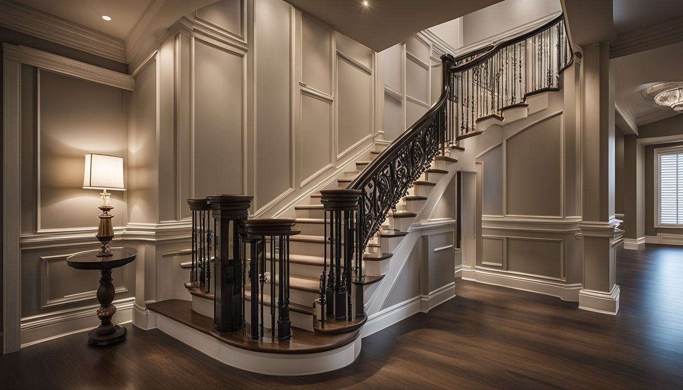 Wooden custom staircase showcasing detailed trim carpentry work