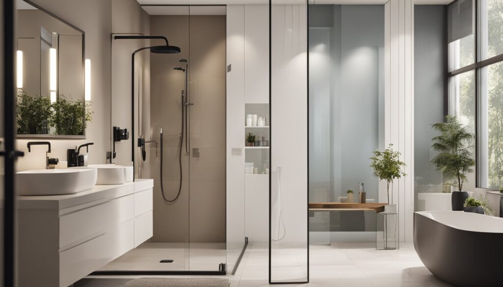 A small bathroom with a large mirror, light-colored walls, glass shower doors, and minimal clutter to create a sense of spaciousness