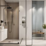 A small bathroom with a large mirror, light-colored walls, glass shower doors, and minimal clutter to create a sense of spaciousness