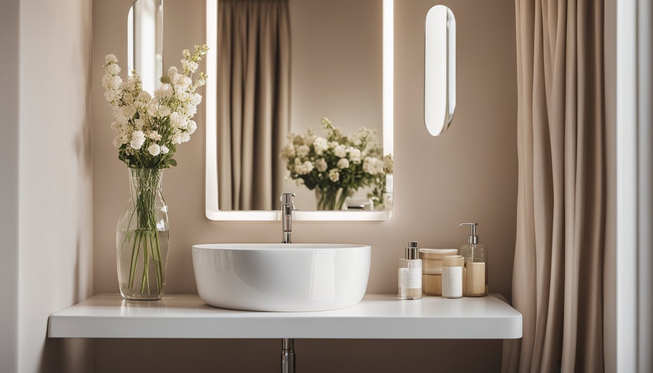 A small bathroom with light-colored walls, a large mirror, a window with sheer curtains, and a vase of fresh flowers on the counter