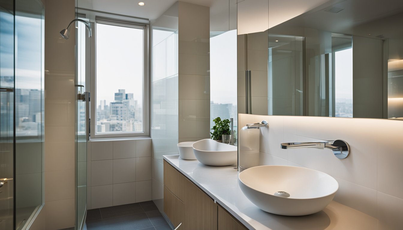 A small bathroom with a glass shower door, reflecting light and creating a sense of openness. A strategically placed mirror adds depth to the space