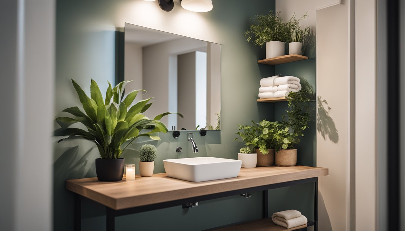 A small bathroom with floating shelves holding towels, plants, and decorative items, creating a sense of space and organization