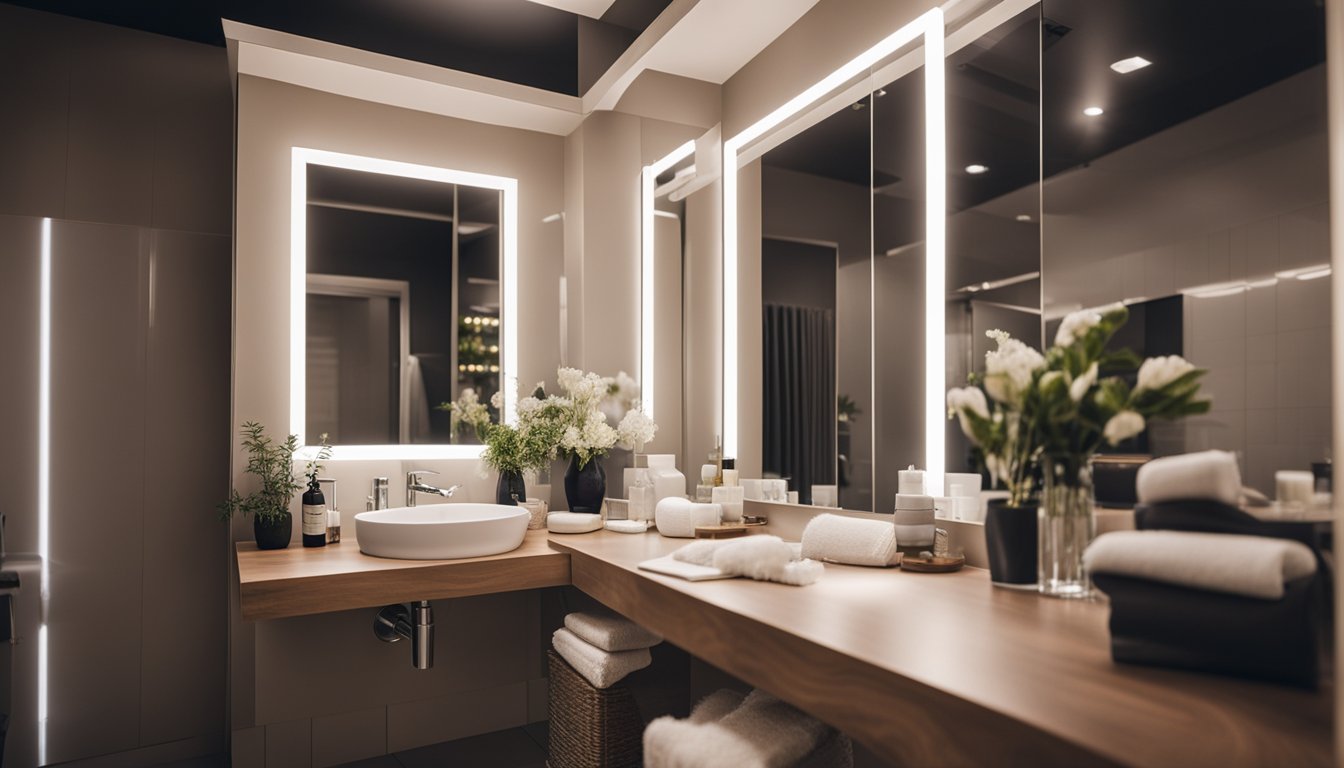 A small bathroom with strategically placed mirrors and bright, overhead lighting to create the illusion of more space