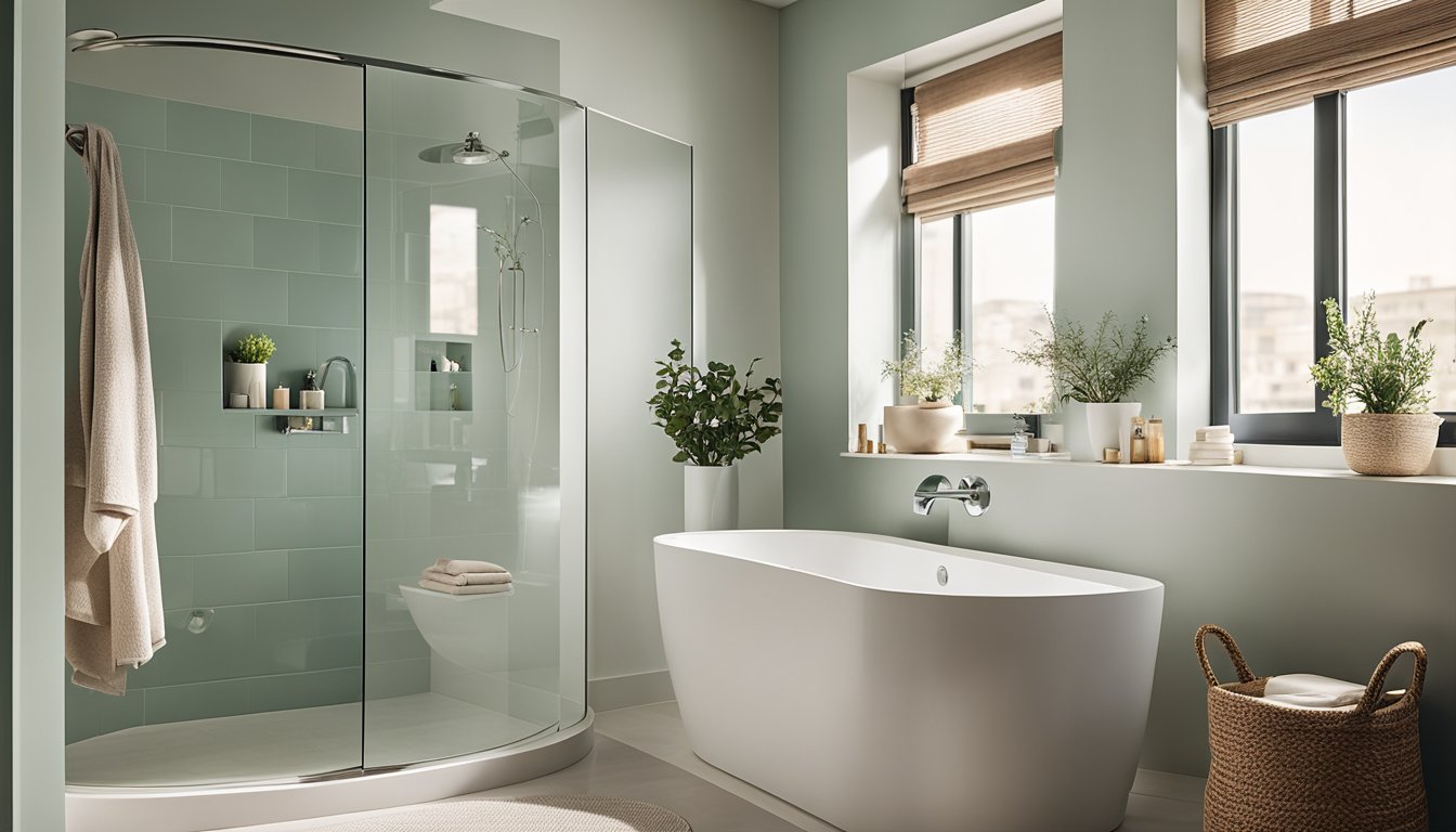 A small bathroom with light, neutral-colored walls and accents of pastel or cool-toned colors. A large mirror reflects the space, creating a sense of openness. A strategically placed window allows natural light to flood the room