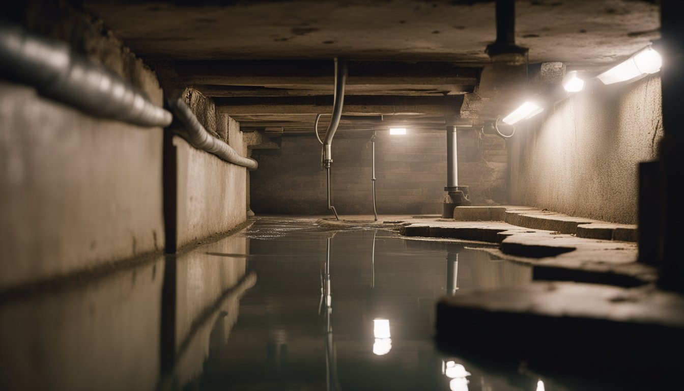 A basement with water seeping in through cracks in the foundation. A professional plumber is called and three steps are taken to address the issue
