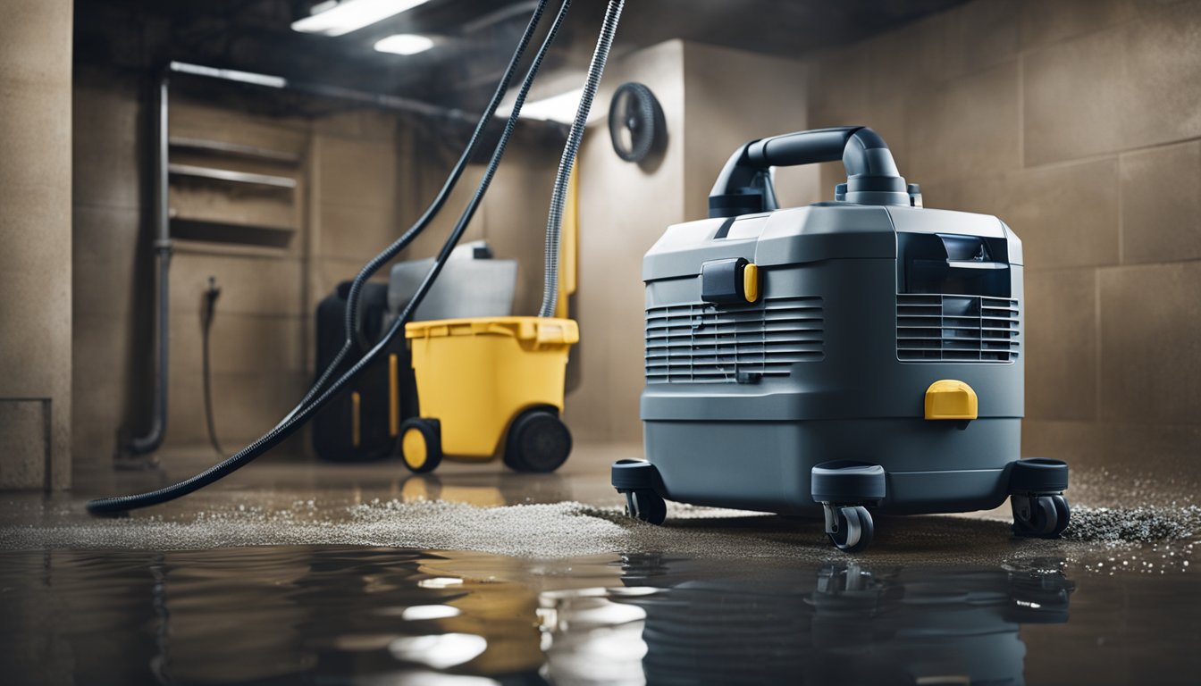 A wet basement with a sump pump, dehumidifier, and wet vac in use to quickly dry out the area