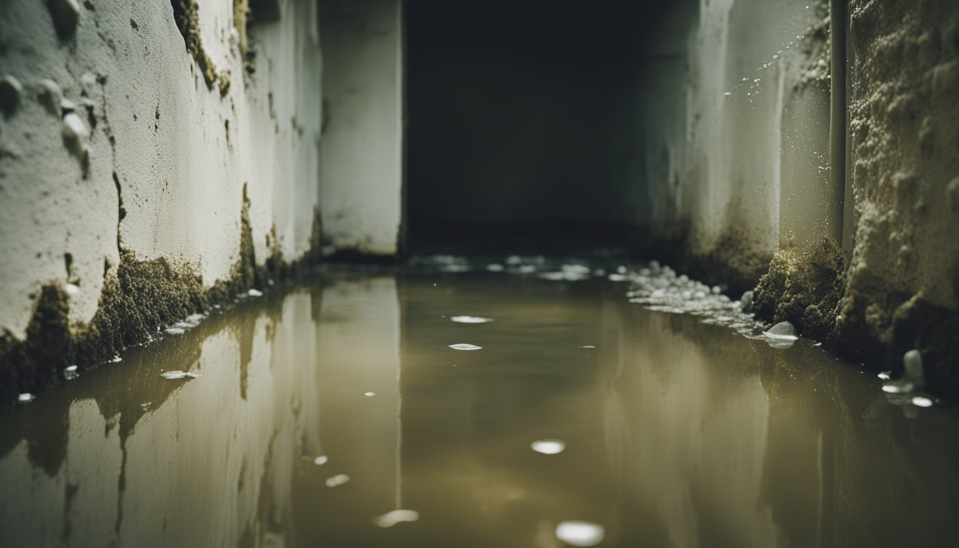 A damp basement with water seeping through cracks in the walls and pooling on the floor, with signs of mold growth on surfaces