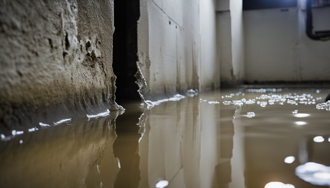 A basement with water seeping in through cracks in the foundation, causing dampness and mold growth. A sump pump is visible in the corner, attempting to remove the water