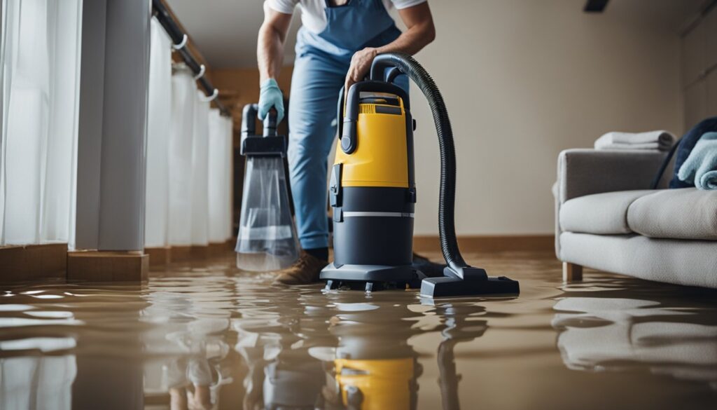 A person using a wet vacuum to remove water from a flooded basement, while another person uses towels to soak up excess moisture, and a third person sets up fans to dry out the area