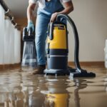 A person using a wet vacuum to remove water from a flooded basement, while another person uses towels to soak up excess moisture, and a third person sets up fans to dry out the area