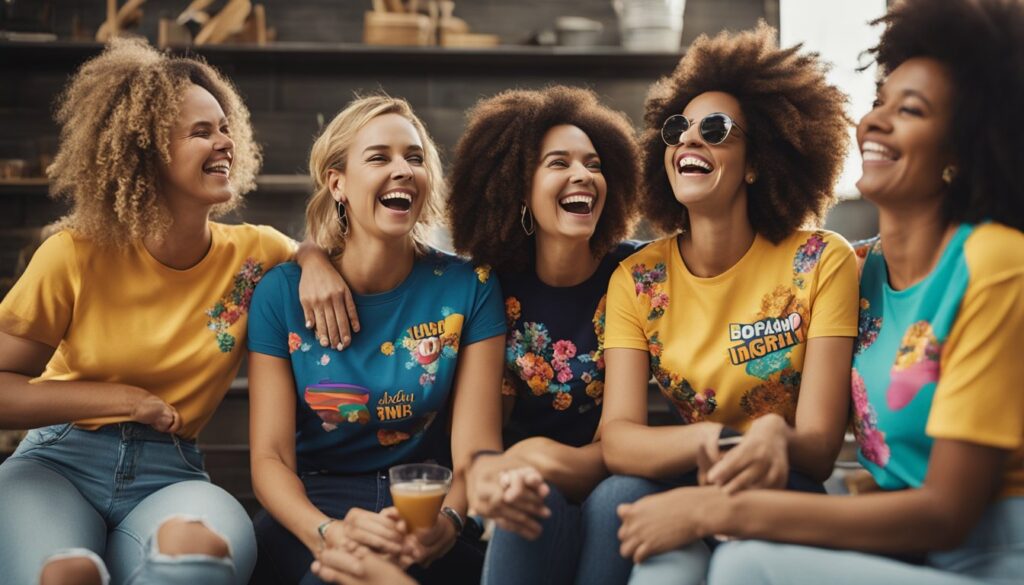 A group of women laughing while wearing colorful and humorous t-shirts, surrounded by playful and witty designs