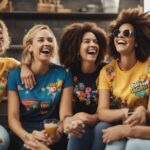 A group of women laughing while wearing colorful and humorous t-shirts, surrounded by playful and witty designs