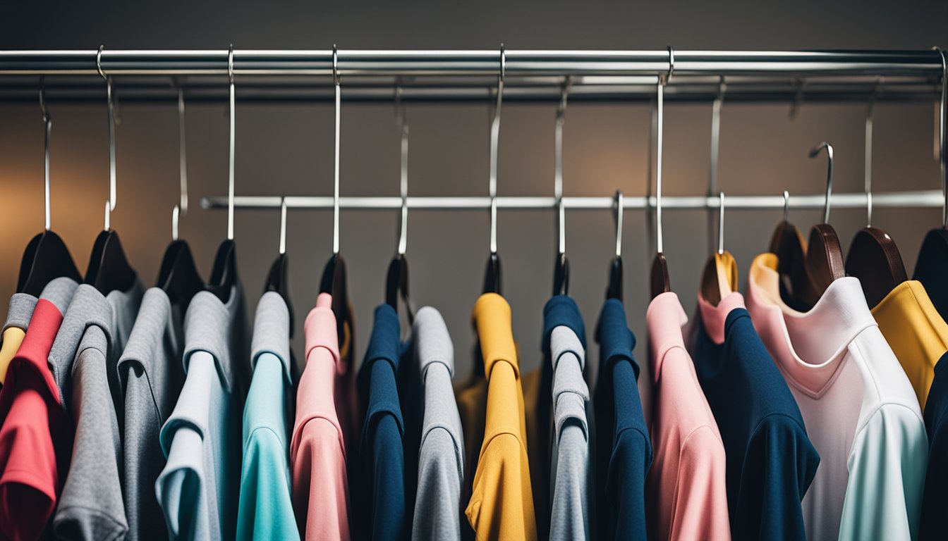 A group of colorful, funny t-shirts for women displayed on a clothing rack, with various designs and sizes to choose from