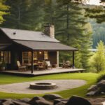 A cozy cottage nestled in a lush forest clearing, with a crackling fire pit, picnic table, and serene lake in the background