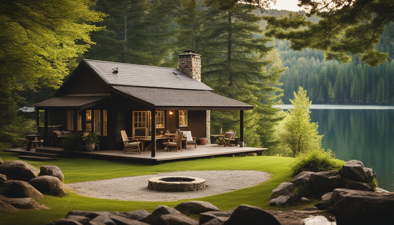 A cozy cottage nestled in a lush forest clearing, with a crackling fire pit, picnic table, and serene lake in the background