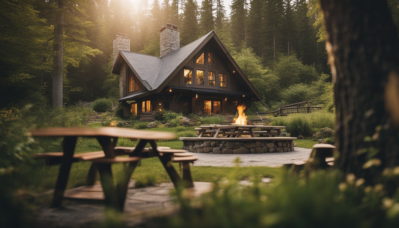 A cozy cottage nestled in a lush forest, with a crackling fire pit and a picnic table set for a family gathering