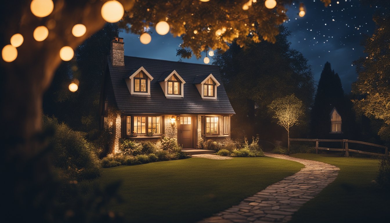 A cozy cottage with a warm glow, surrounded by trees and a peaceful night sky