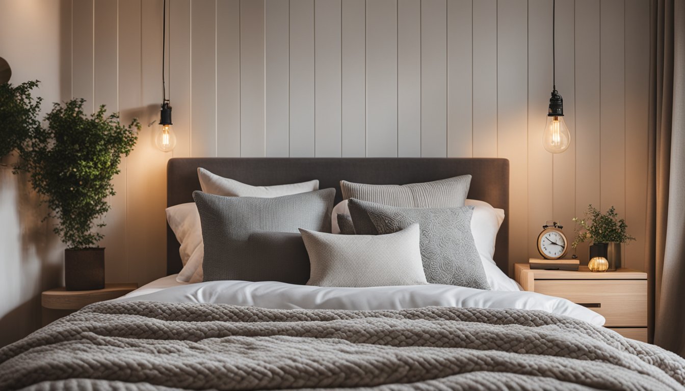 A cozy cottage bedroom with a comfortable bed, soft pillows, and a warm quilt