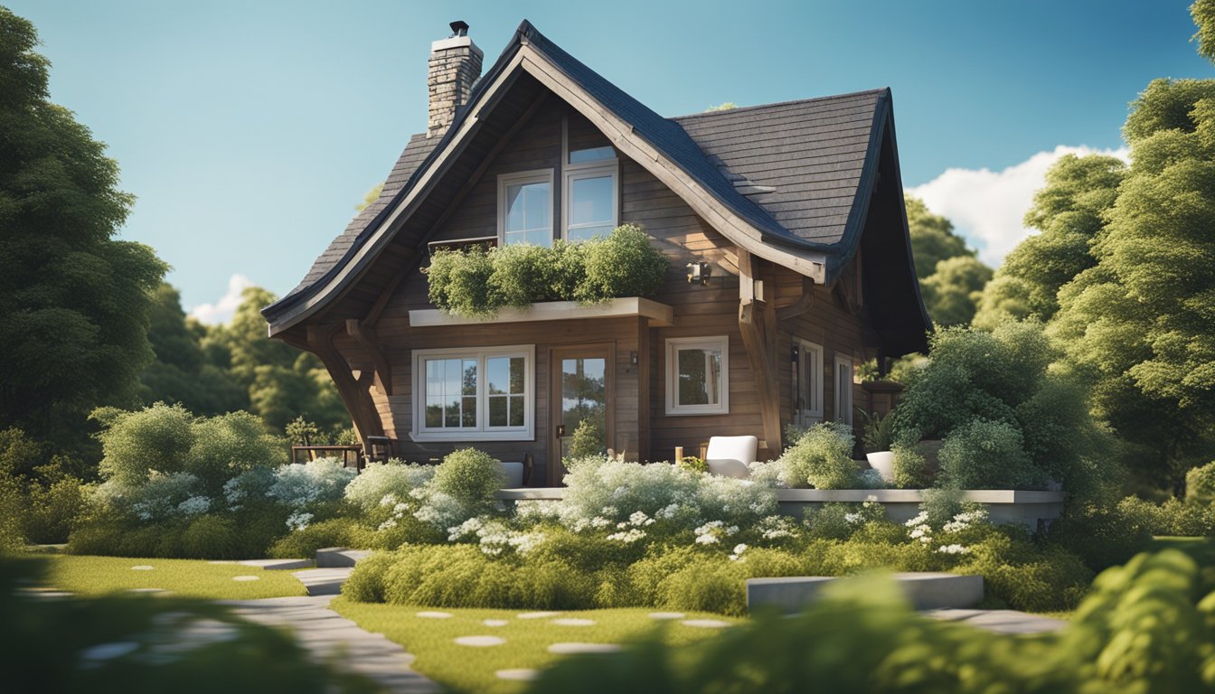 A cozy cottage with a sloped roof, surrounded by lush trees and a clear blue sky