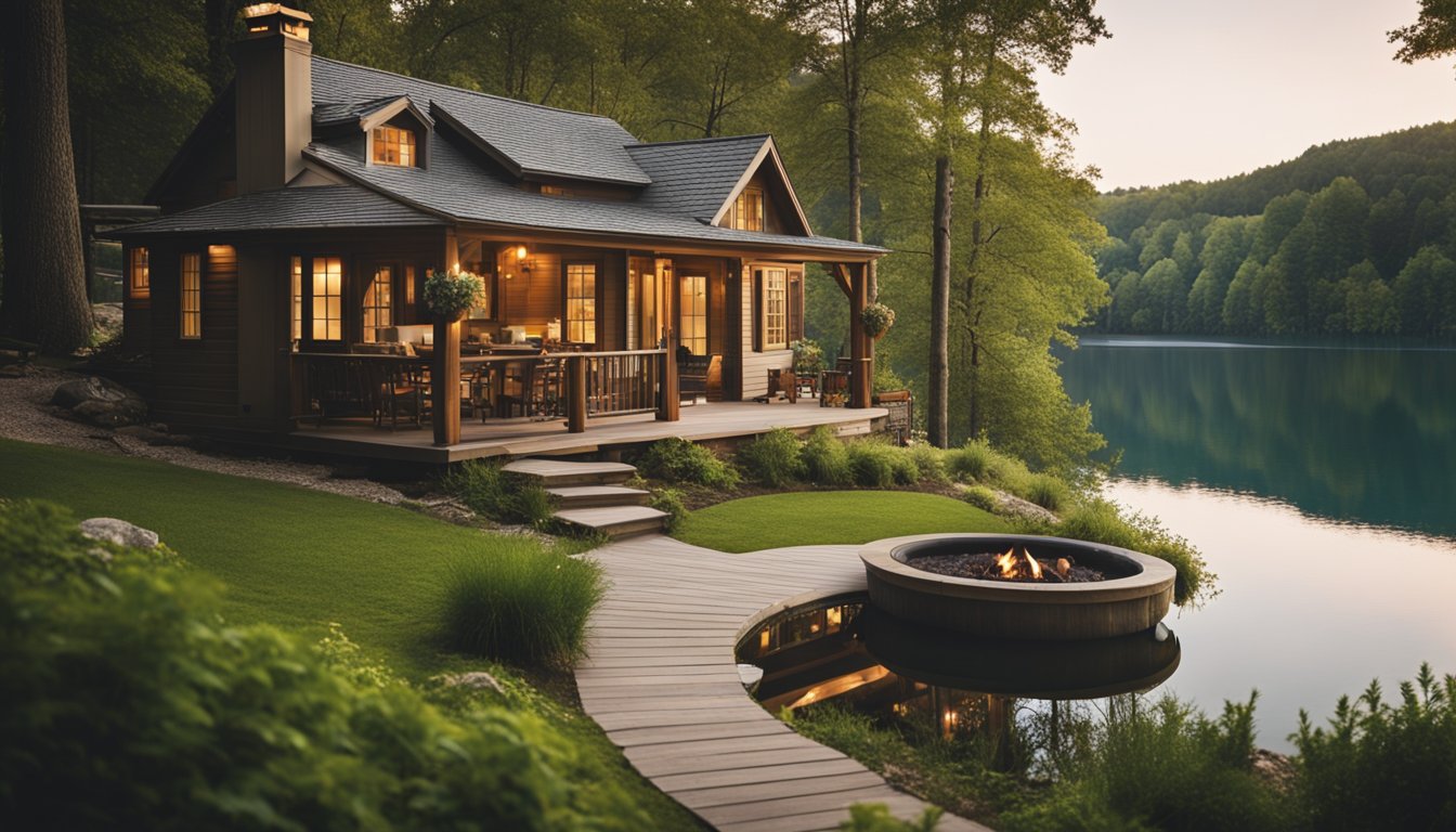 A cozy cottage nestled in a lush, wooded setting with a crackling fire pit, a charming porch swing, and a serene lake in the background