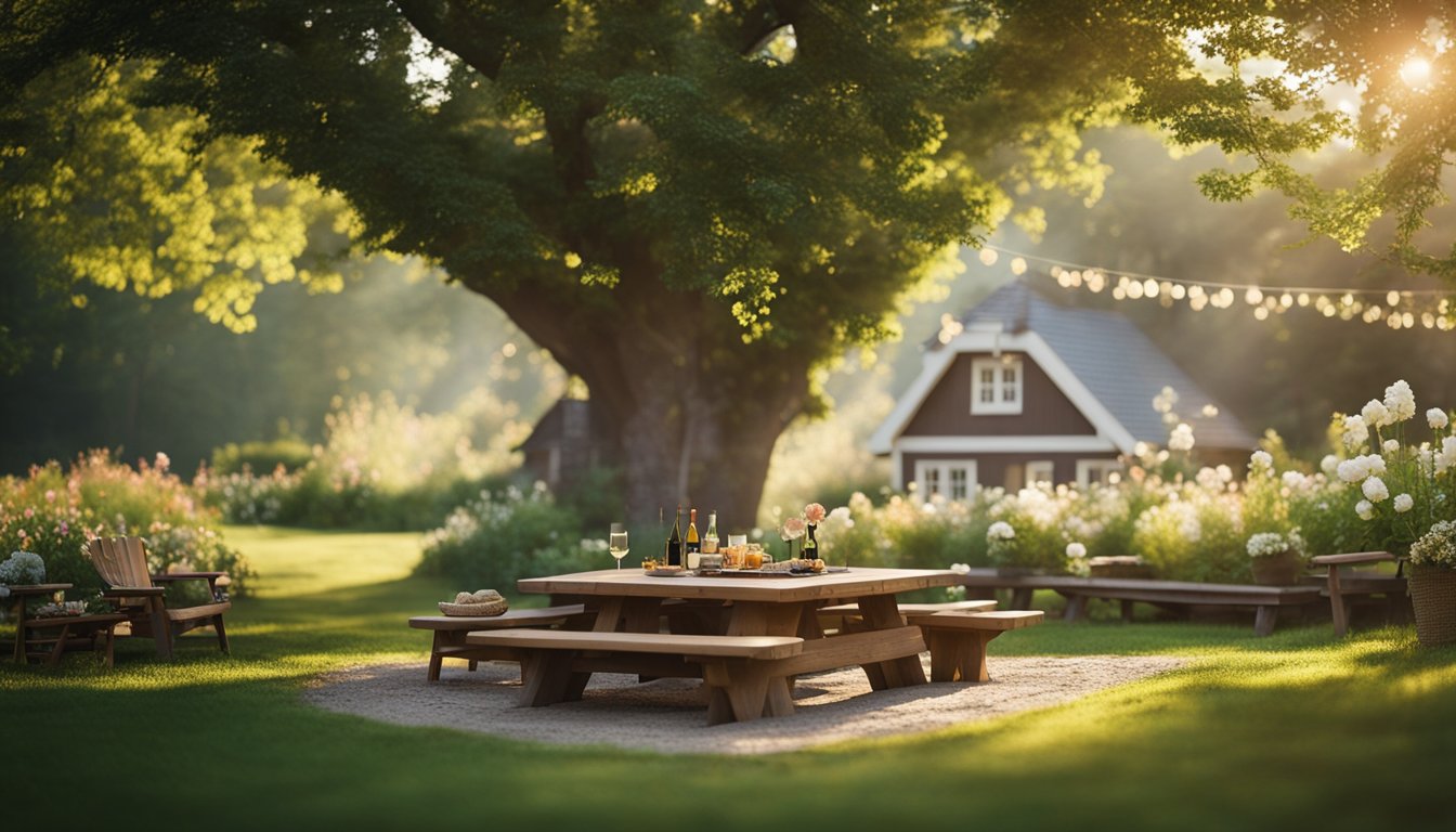 A cozy cottage nestled in a lush green forest, surrounded by blooming flowers, with a warm fire pit and a picnic table set for a delightful outdoor meal