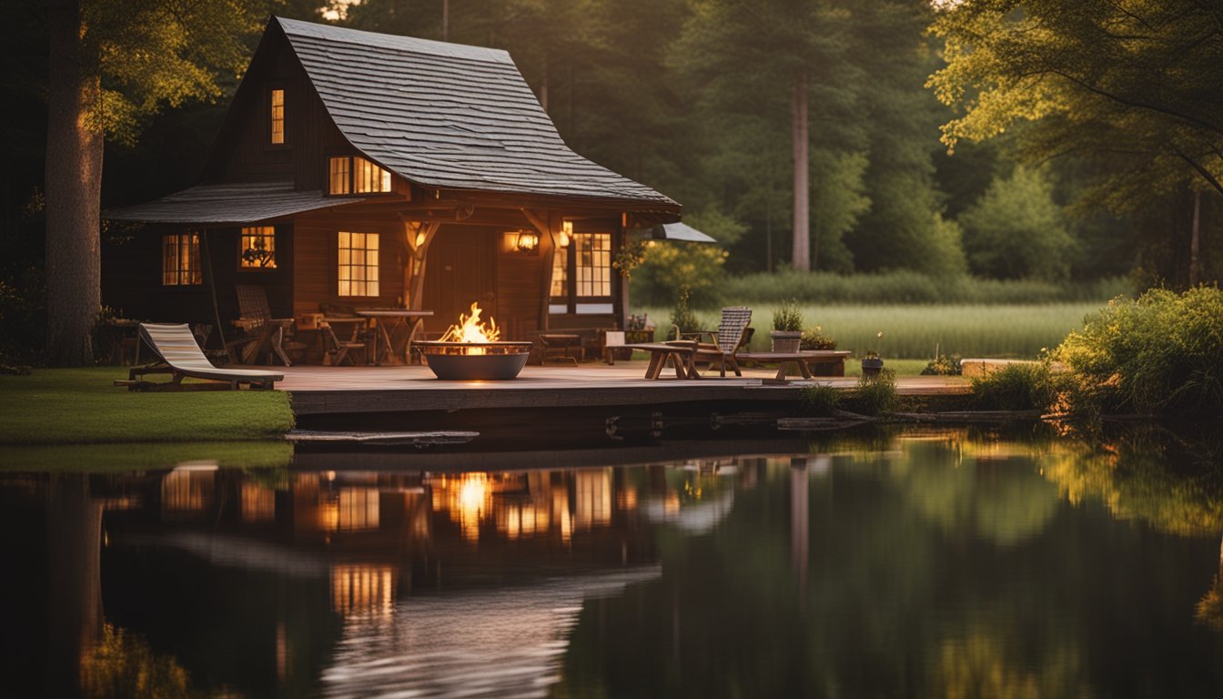 A cozy cottage nestled in a lush forest, with a crackling fire pit and a hammock strung between two trees. A serene lake reflects the setting sun, while a picnic table is set for a meal