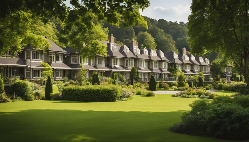 Exterior view of a retirement home in Norfolk County with surrounding greenery