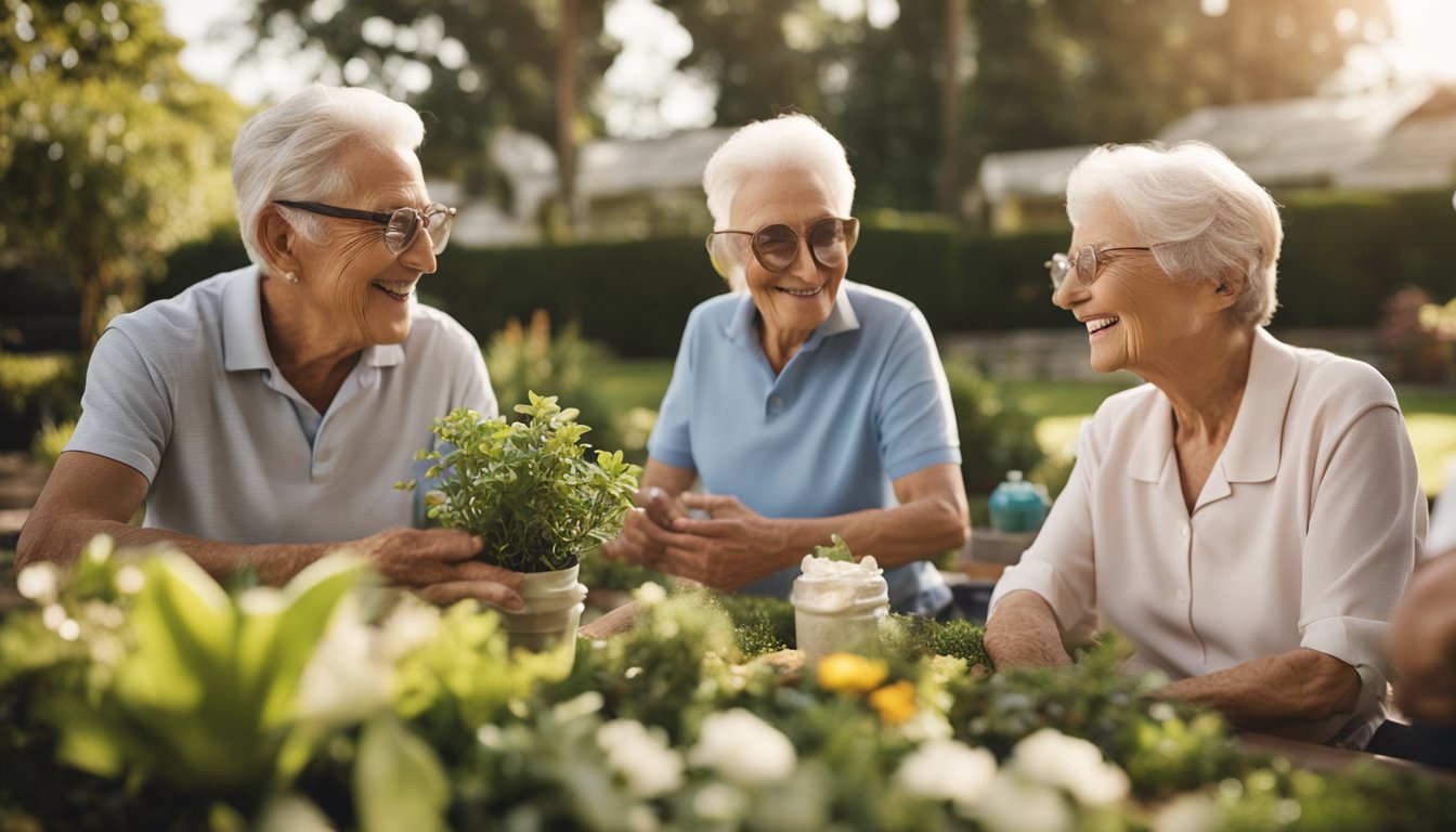 A group of seniors engaging in various activities such as gardening, yoga, and socializing in a well-maintained retirement home with amenities like a swimming pool and library
