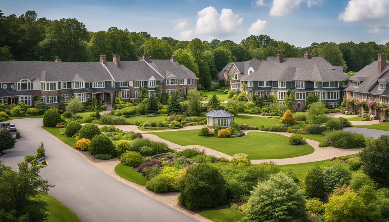 A serene landscape with five charming retirement homes nestled among lush greenery in Norfolk County