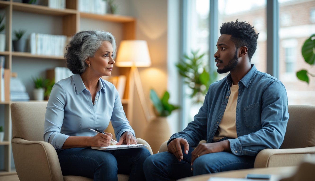 A therapist attentively listening to a client in a comfortable counselling office.