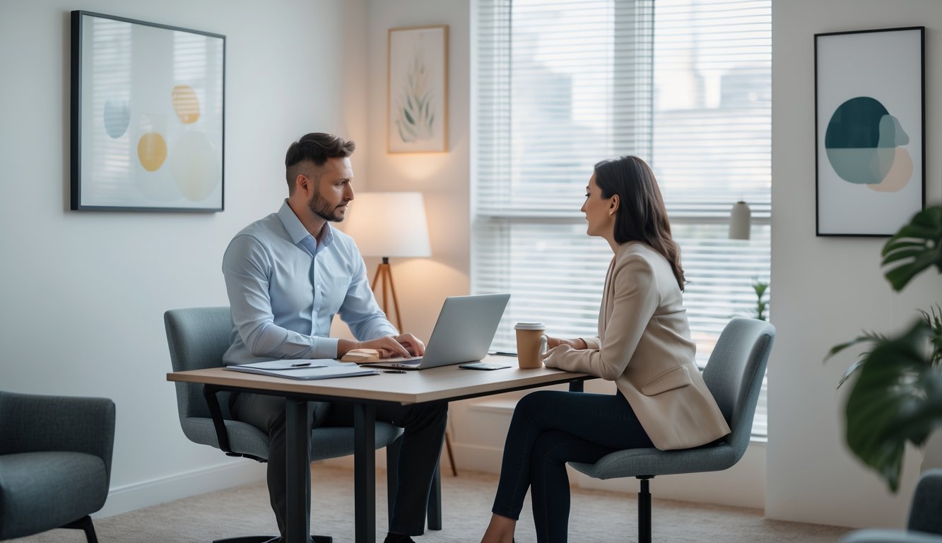 A therapist attentively listening to a client in a calm, modern office during a counselling session.