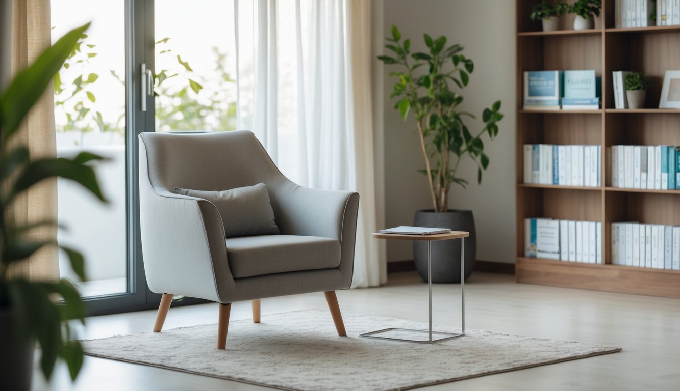 A calm therapy office with a comfortable armchair, side table, bookshelf, and natural light coming through a window.