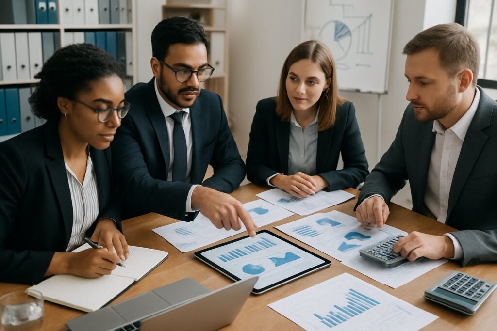 A group of business professionals working together around a table with laptops, documents, and financial charts in an office.