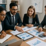 A group of business professionals working together around a table with laptops, documents, and financial charts in an office.