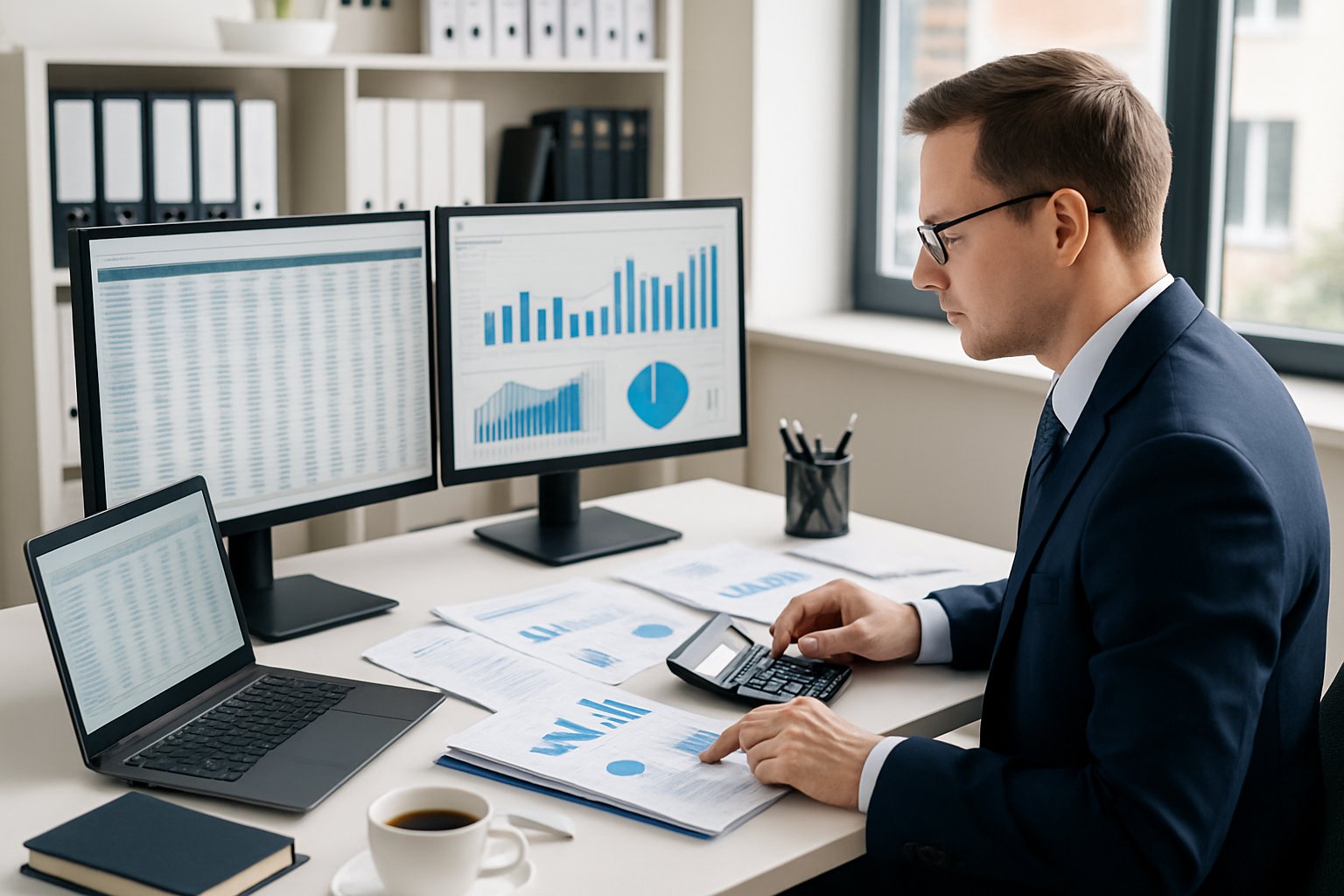 An accountant working at a desk with computers and financial documents in a modern office.
