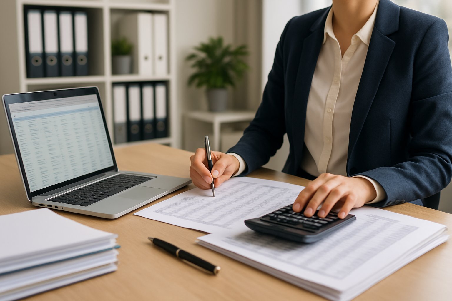 A business professional working at a desk with a laptop, calculator, and financial documents in a bright office.